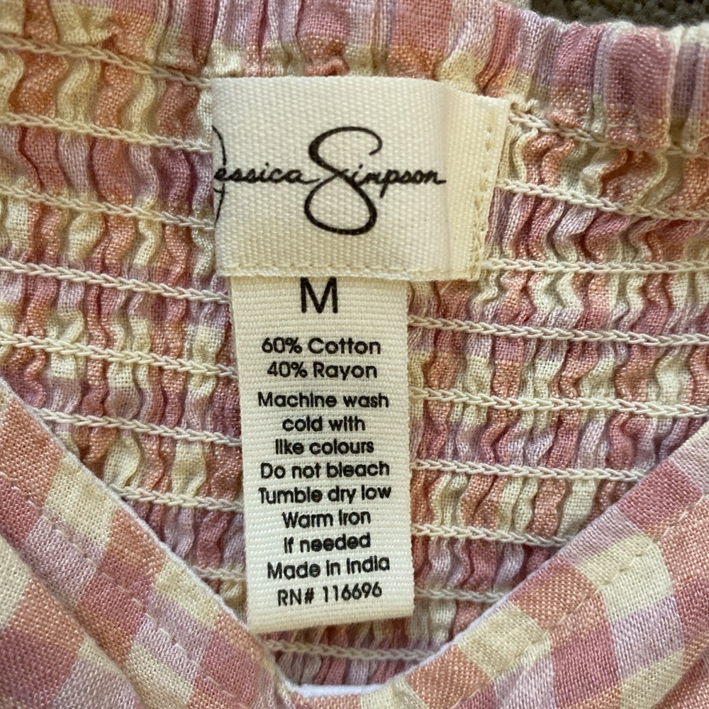 JESSICA SIMPSON PINK GINGHAM SMOCKED‎ BODICE JUMPSUIT W/POCKETS SIZE M - Picture 7 of 11